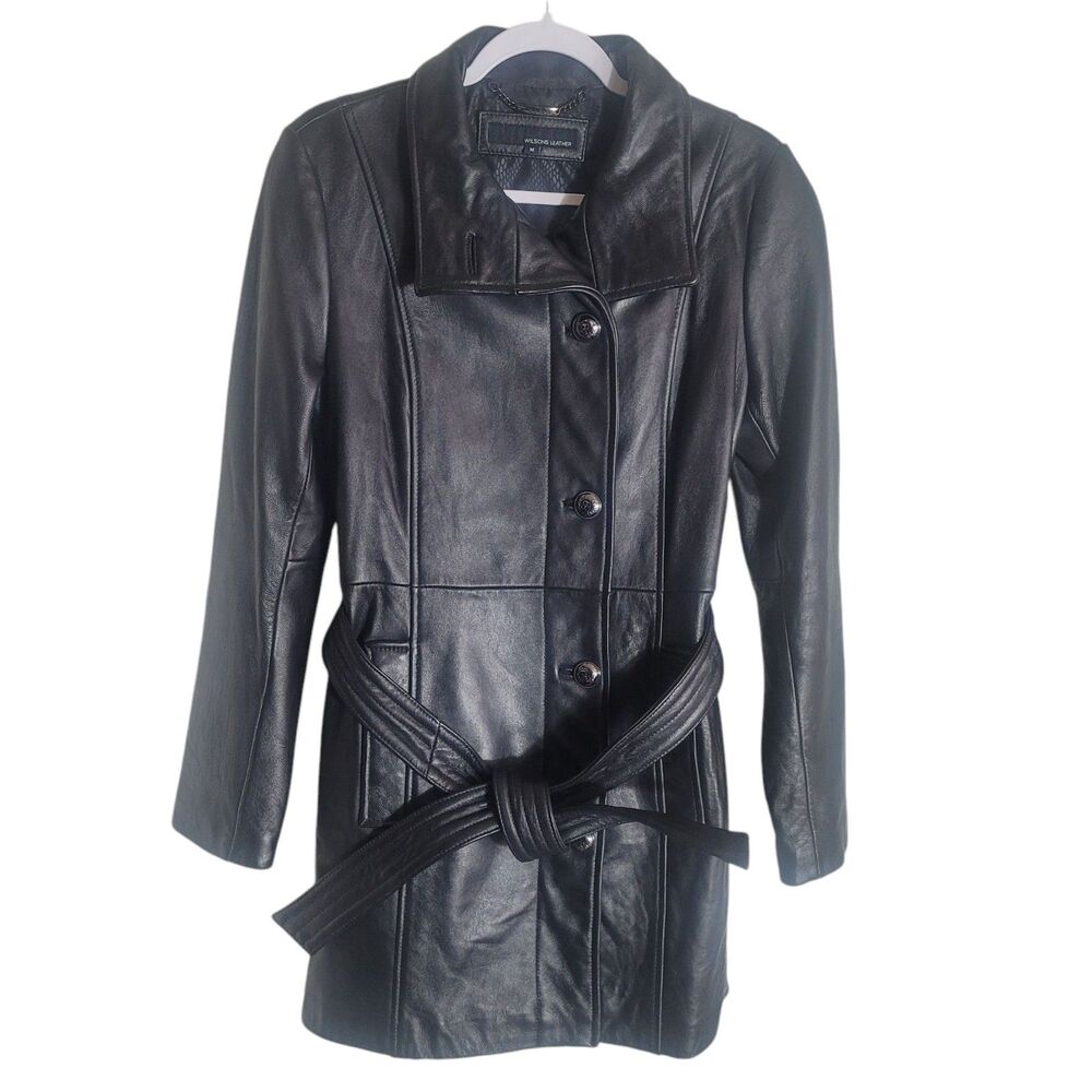 Wilson's Genuine Leather Long Button Front Jacket Women's Medium Black Peacoat